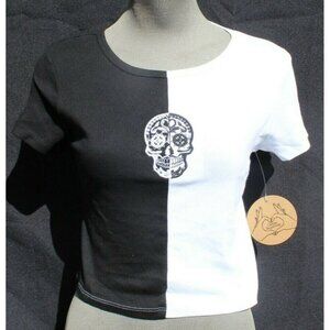 Women's Girls Back & White Day Of the Dead Skull Emo Girl Indie Core Shirt SM